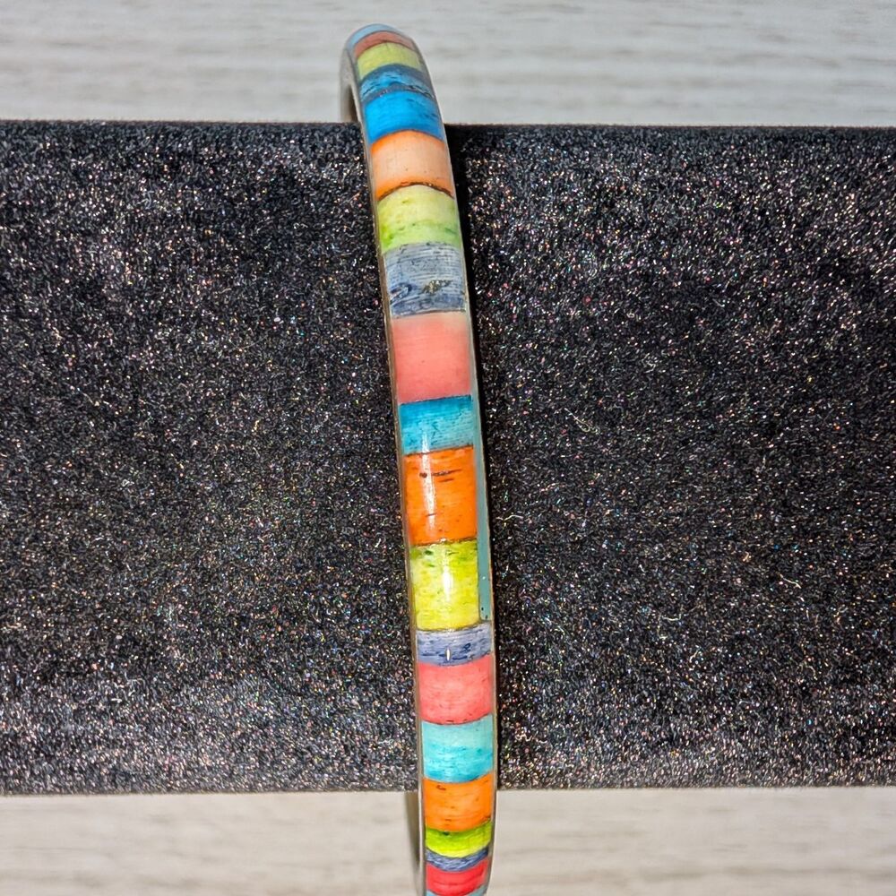 Vintage Multicolor Inlay Bangle Bracelet Brass Southwestern Style